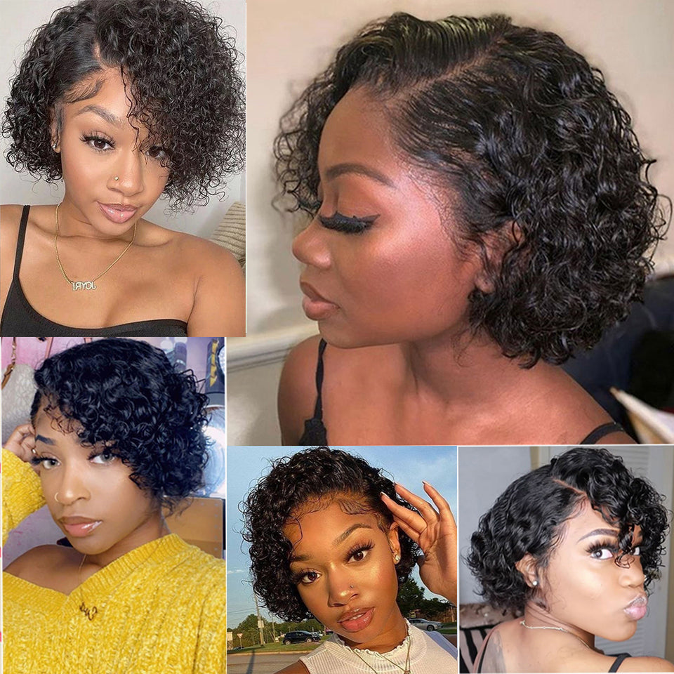 13 x1 Short Curly Pixie Cut Lace Human Hair Wig